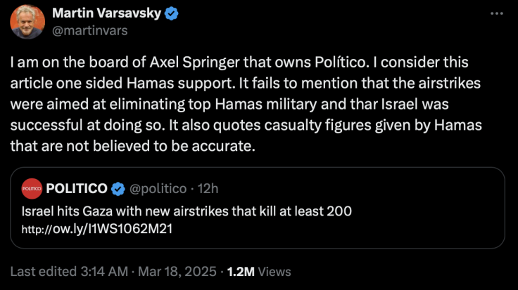 'One-Sided Hamas Support': Board Member of Politico Parent Company Slams Outlet for Anti-Israel Reporting